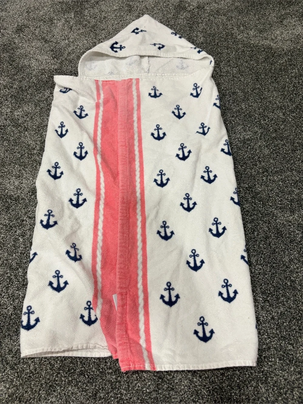 Child’s Hooded Anchor Beach Towel - White with Navy & Pink Stripe